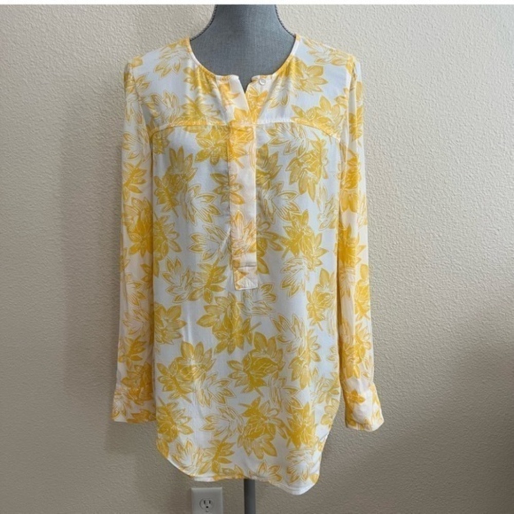JCrew Yellow Floral Poplin Long Sleeve Popover Blouse, Size XS petite